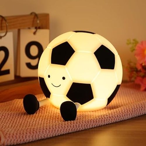 Soccer Night Light for Kids, 3 Level LED Dimmable Lamp with Soft Touch, Silicone Rechargeable Football Nightlight Accessories Soccer Lover Gifts