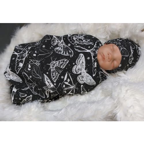 Goth Baby Swaddle, Witchy White Moths Blanket + Headband or Hat, Heavy Metal Baby, Death Moth Blanket, Paint Splatter Print, Fantasy Baby