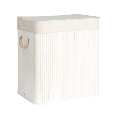Bamboo Double Laundry Hamper with Rope Handles, Lid and Removable Machine Washable Laundry Bag, 39-Gallons, White