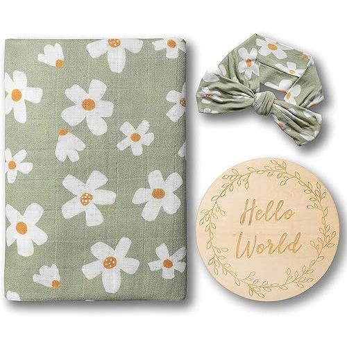 Miaoberry Daisy Garden Spring Floral Muslin Swaddle Set for Baby Girl|100% Organic Cotton Blanket with Matching Bow|Boho Indie Vintage Sage Green|Hospital Receiving Blanket