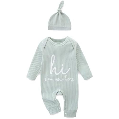 Newborn Girls and Boys Romper, Hi I’m New Here Long Sleeve Cotton Baby Clothes, Newborn Coming Home Outfit