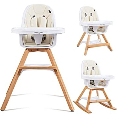 BABY JOY 3 in 1 High Chair, Baby Eat & Grow Convertible Wooden High Chair/Rocking Chair/Booster Seat/Toddler Chair, Infant Dining Chairs w/Double Removable Tray, 5-Point Seat Belt & PU Cushion, Beige