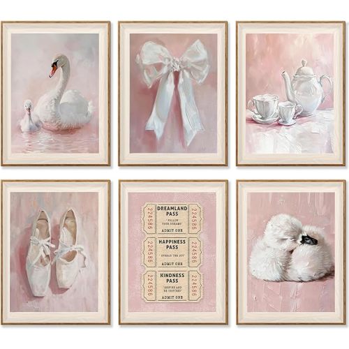 6Pcs Pink Vintage Swan Nursery Wall Art Ballerina Shoes and Bow Painting Picture Wall Decor Retro Tickets and Coffee Cups Preppy Posters Prints Artwork for Girls Room Gallery Dorm Apartment Kids Room