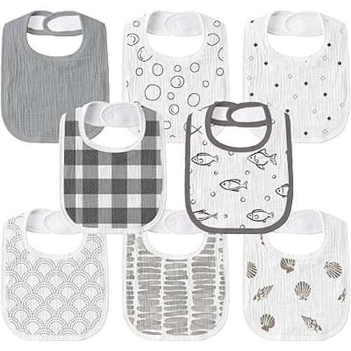 GLLQUEN BABY Muslin Drool Bibs for Boys Girls 8 Pack, Adjustable Baby Bibs for Drooling and Teething, Soft Cotton Baby Bandana Bibs for Newborn Feeding Essentials(Fish)