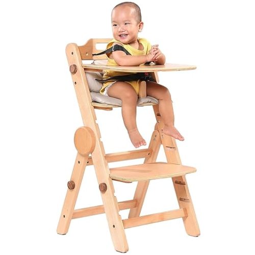 Wooden High Chair, Convertible Baby High Chair Wood for Toddlers and Adults, Easy Clean Baby Feeding High Chair with Adjustable Foot Rest and Safety Belt, 6 Months up to 300 Lb (Natural)