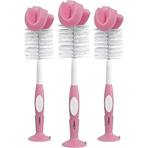 Dr. Brown's Reusable Sponge Baby Bottle Cleaning Brush Set with Suction Cup Stand, Scrubber and Nipple Cleaner, Pink, 3 Pack