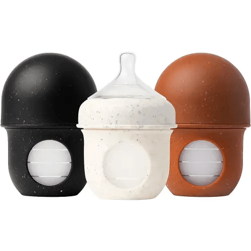 Boon Nursh Reusable Silicone Baby Bottles with Collapsible Silicone Pouch Design - Everyday Baby Essentials - Stage 1 Slow Flow Baby Bottles - Speckle - 4 Oz - 3 Count