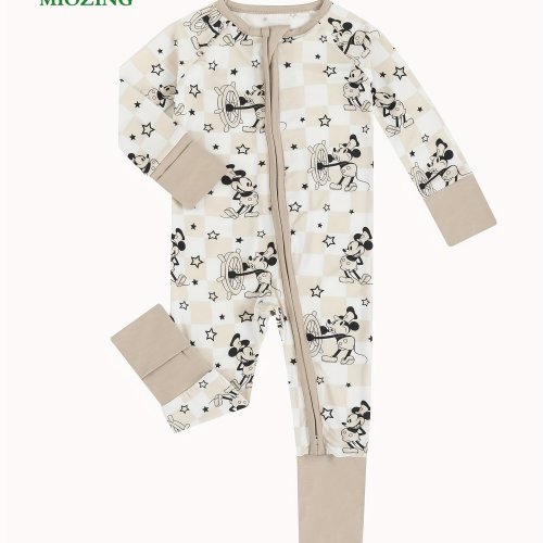 MIOZING Bamboo Fiber Zip Up Bodysuit For Baby, Casual Checkerboard Cartoon Mouse Pattern Long Sleeve Onesie, Infant & Toddler Girl's Romper
