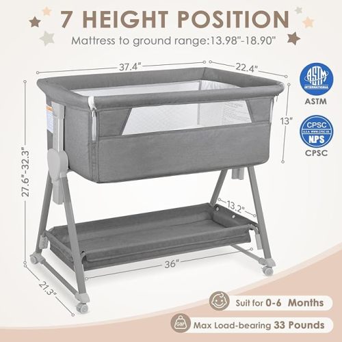 BIERUM Baby Bassinet, Bedside Sleeper for Baby, 7 Height Adjustable Bedside Bassinet with Wheels, Easy to Assemble Portable Bedside Crib with Large Storage Bag for Newborn/Infant, Mattress Included