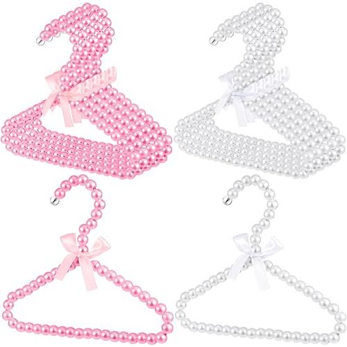 Wesiti 10 Pcs Small Pearl Hanger Mini Pearl Metal Elegant Clothes Hangers with Ribbon for Women Dog Cat (Pink,White)