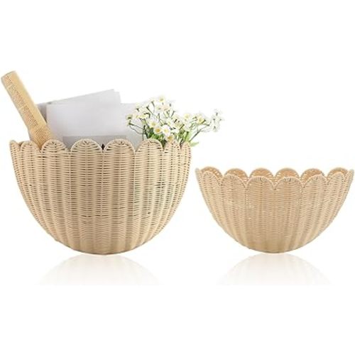 2 Pack Scalloped Wicker Wall Baskets Hanging Wicker Baskets Large and Small Decorative Woven Storage Holder for Home Bathroom, 16 x 10.6 x 7 and 14 x 7.9 x 5.7 Inch