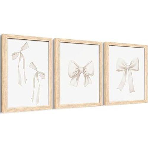 PicturePerfect Decor College Bow Wall Art Decoration Fashion Teen Room Wall Art Print Beige Bow Bathroom Decoration Girl Room Wall Art Print College Apartment Coquettish Room Pictures Teen Girl Gift 12x16 Inch Frame 3 Piece Set
