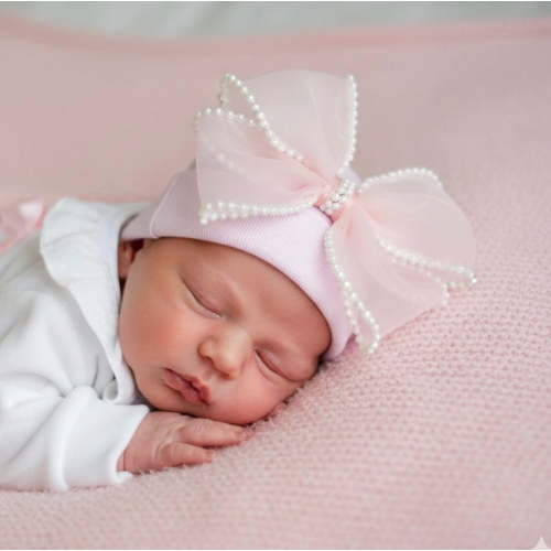 Pink Pearl Bow Hospital Hat – Ella Marina Baby