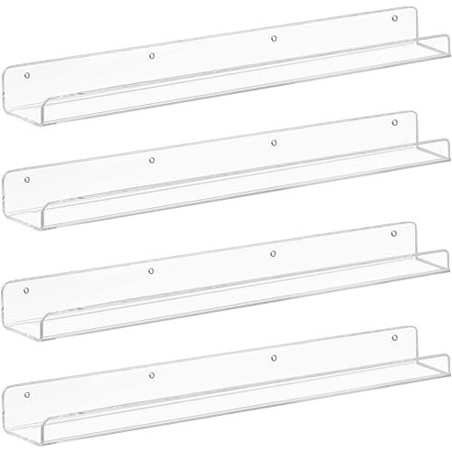 Weiai Clear Acrylic Floating Shelves 24 inches, Wall Bookshelf for Kids, Transparent Book Shelf Ledge for Wall, Set of 4