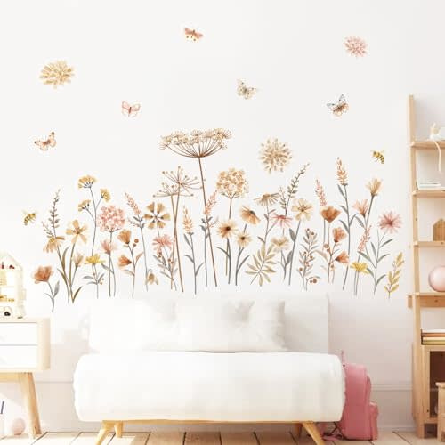 decalmile Boho Flower Wall Decals Wildflower Floral Dandelion Grass Wall Stickers Baby Nursery Girls Bedroom Kids Room Wall Decor