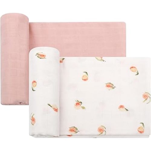 LifeTree Baby Swaddle Blankets, Boys Girls Muslin Swaddling Wrap Receiving Blanket for Newborn, 70% Viscose from Bamboo and 30% Cotton, Large 47" x 47", Peach and Pink