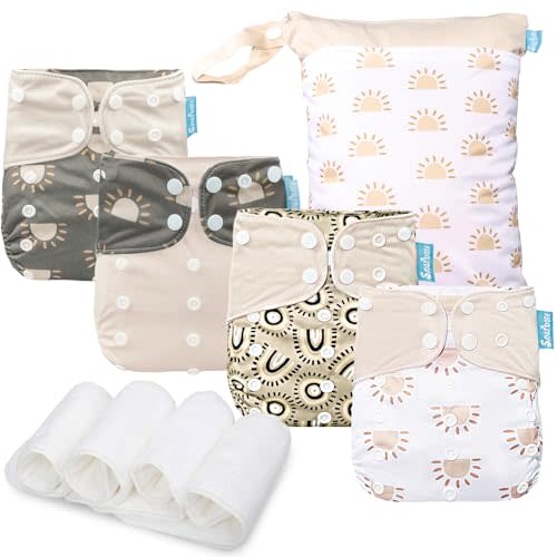 Smarbore Baby Cloth Diapers Set - 4 Pack with 4 Inserts & 1 Wet/Dry Separation Bag, Reusable Infant Toddler Nappy, Adjustable Pocket Diapers for Baby Boys and Girls (6-33 pounds, 0-3 Years)