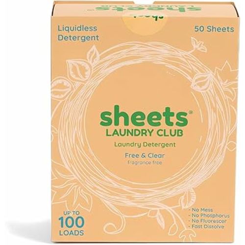 Sheets Laundry Club Laundry Detergent Sheets, 100 Loads - Fragrance Free Scent, Eco-Friendly, Quick-Dissolving Formula, Hypoallergenic, Septic Safe, Plastic-Free Packaging - 50 Sheets
