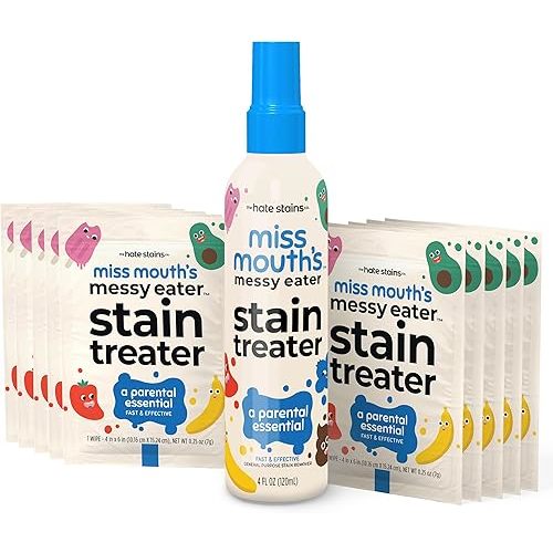 Miss Mouth's Messy Eater Stain Treater Spray - 4oz & 10 Wipes Stain Remover - Newborn & Baby Essentials - No Dry Cleaning Food, Grease, Coffee Off Laundry, Underwear, Fabric