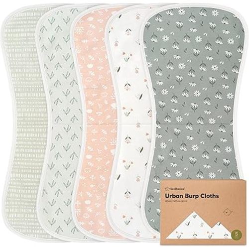 Organic Burp Cloths Baby Boy & Girl - 5-Pack Super Absorbent Cotton Burping Cloths for Babies, Soft & Plush Newborn Spit Up Rags, Infant Towels for Milk Spit Up, Unisex, Large 21" x 10" (Fleur)
