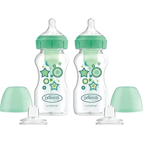 Dr. Brown’s Anti-Colic Options+ Wide-Neck Sippy Bottle Starter Kit, 9oz/270mL, with Level 3 Medium-Fast Flow Nipple and Soft 100% Silicone Sippy Spout, Green, BPA Free, 6m+, 2 Pack
