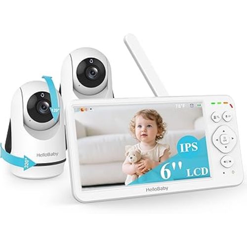 HelloBaby Baby Monitor with 2 Cameras, Large 6'' Video Baby Monitor No WiFi,30-Hour Long Battery, 320° Pan-Tilt Camera with 2X Zoom, Auto Night Vision, 2-Way Talk,ECO,1000ft, Portable, 150 Languages