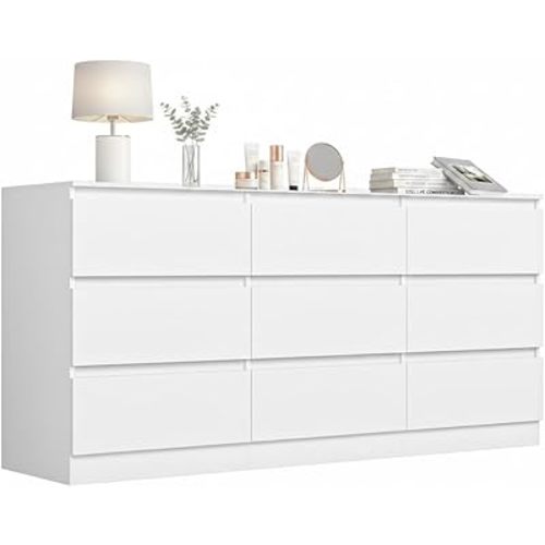 White 9 Drawer Dresser for Bedroom,Modern Deep Drawer Dresser with No-Handle Design,Wide Storage Chest of Drawers,Wood Bedroom Storage Organizer Furniture for Closet,Hallway