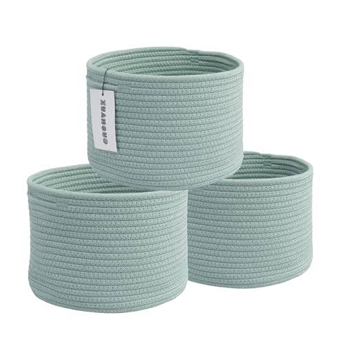 XUANGUO Woven Cotton Storage Baskets - 3-Pack Round Bins (10x10x7'') for Shelves, Closets & Bookcases | Durable Rope Organizers for Nursery, Baby, Toys, Easter & More (green)
