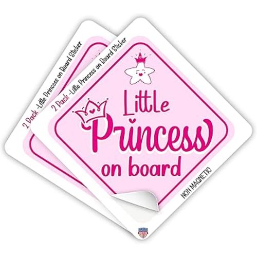Princess On Board Car Stickers for Girls (2-Pack) – Non-Magnetic, Paint-Safe, Removable, Baby Safety Decals – Durable Vinyl for Cars & Windows, Weatherproof, Cute Design. (Little Princess (2-Pack))