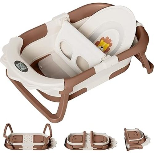 TPN Collapsible Baby Bathtub for Infants to Toddler with Real-time Temp Monitor+Floating Cushion 1 (Brown, Little Lion)