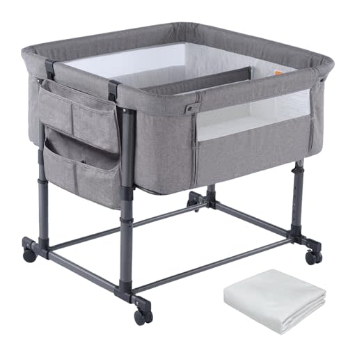 MTWML Twin Bassinet for 2 Babies,Portable Twins Crib with Storage Bag and Replaceable Mattress Cover,Adjustable Height Double Bedside Crib Attaches to Bed with Strap for 0-6 Months Twins Baby Grey