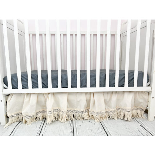Cream MINI Crib Skirt, Linen Bedskirt Macrame Crib Bedding, Baby Shower Gift