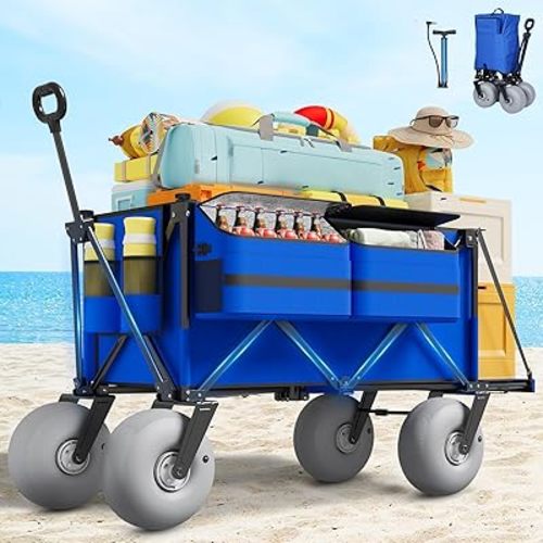 Beach Wagon with Big Wheels for Sand - 450lbs Load Heavy Duty Wagons Carts Foldable with 9" All Terrain Inflatable Tires, Collapsible Beach Cart for Grocery Shopping Garden Sports Camping Outdoor