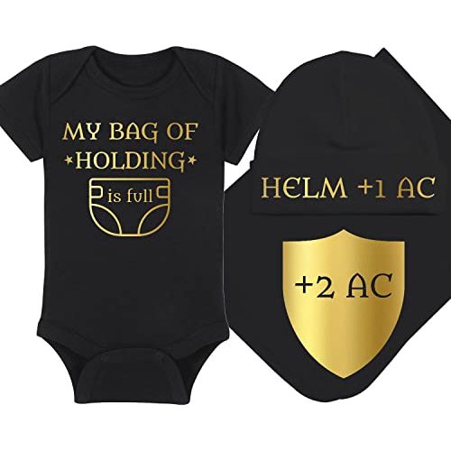 Gaming Baby Onesie, Hat and Blanket - My Bag Of Holding Is Full - Helm +1 AC - Shield +2 AC (0-3 Month - Black Fabric - Gold Design)
