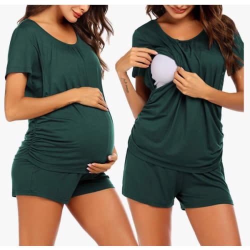 Ekouaer Women's Maternity Nursing Pajamas Set Breastfeeding Sleepwear Double Layer Short Sleeve Top & Shorts Pregnancy PJS
