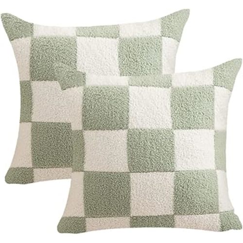 NIDITW Set of 2 Ultra Soft Christmas Green Checkerboard Throw Pillow Cover Microfiber Chessboard Gingham Cushion Case Cozy Fuzzy Checkered Pillowcase Decor for Home Sofa Couch 18x18 Inches (Green)