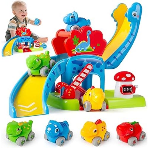 Dinosaur Car Ramp Toy for Toddlers 1-3, Drop & Go Ramp Racer with 4 Mini Cars, Educational Toy for 1 2 Year Old Boys Girls, First Birthday Gift