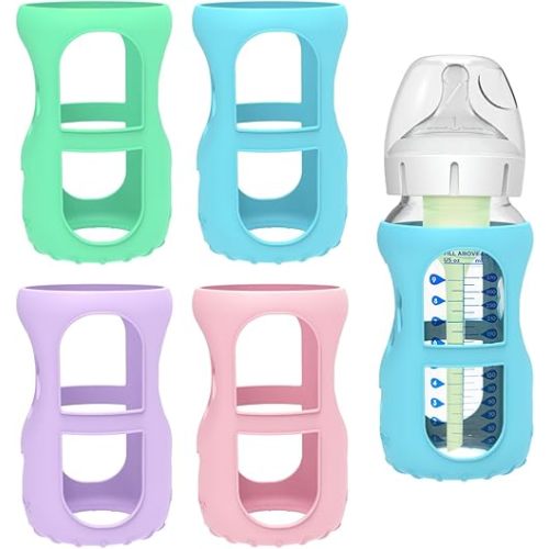 MORLIKE 4 Pack Silicone Sleeves Fit for 9 oz/270 mL Dr. Brown's Wide Neck Glass Baby Bottle, 100% Silicone Covers Protect Baby Glass Bottle, Easy to Grip Bottle Holders for WB93703-WEB WB91700-P4
