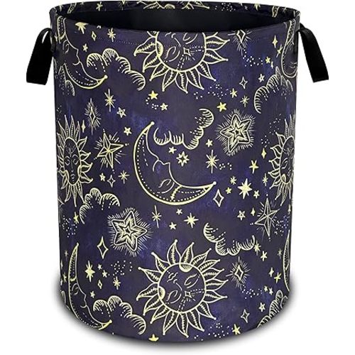 Celestial Sun Stars Moon Laundry Basket Oxford Cloth Funny Laundry Hamper With Handle Foldable Portable Clothes Storage Basket 18.9 X 16.5 In Storage Bag For Laundry Room/Bathroom/Bedroom/Dormitories