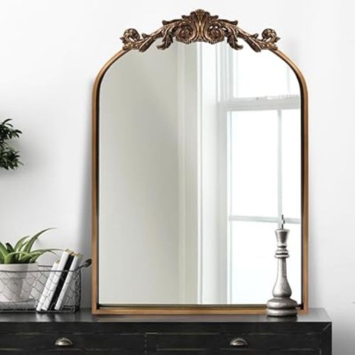 Gold Traditional Vintage Ornate Baroque Mirror,Gold Brass Mirror for Wall,Victorian Antique Bronze Mirror Arched for Bathroom/Living Room/Hallway/Fireplace 19"X27"