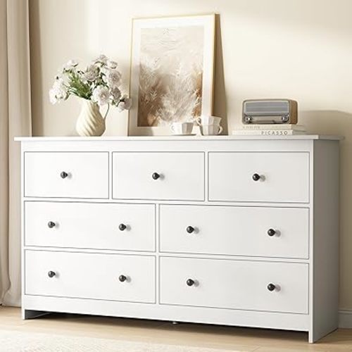CARPETNAL White Dresser for Bedroom, 7 Drawer Dresser 55” Wide Wood Chest of Drawers with Metal Handles, TV Stand, Furniture Storage Dressers Organizer for Living Room, Hallway, Entryway