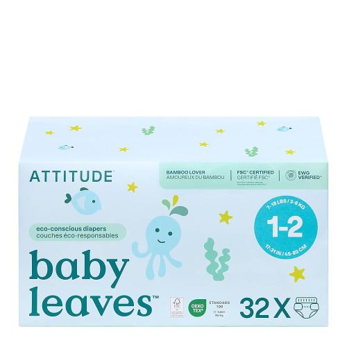 ATTITUDE Eco-Conscious Disposable Diapers, EWG Verified, Size 1/2 (7-17 lbs), Ultra Absorbent for Baby, Vegan & Plant-Based, 32 Count