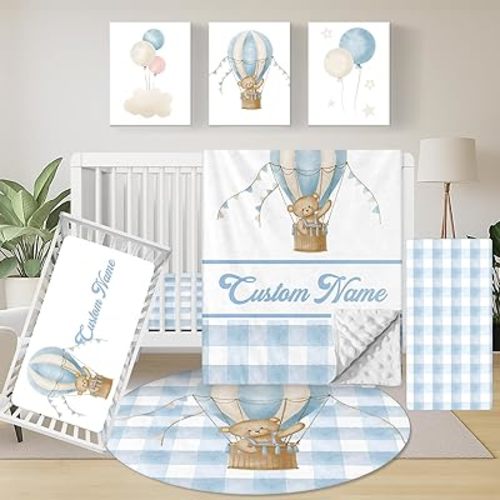 Personalized Baby Crib Bedding Set, 5 Piece Custom Name Baby Crib Bedding with Blanket, Fitted Sheet, Rug, Changing Pad Cover, Wall Art for Infant Toddler Boys Girls, Gift, Balloon Bear Theme
