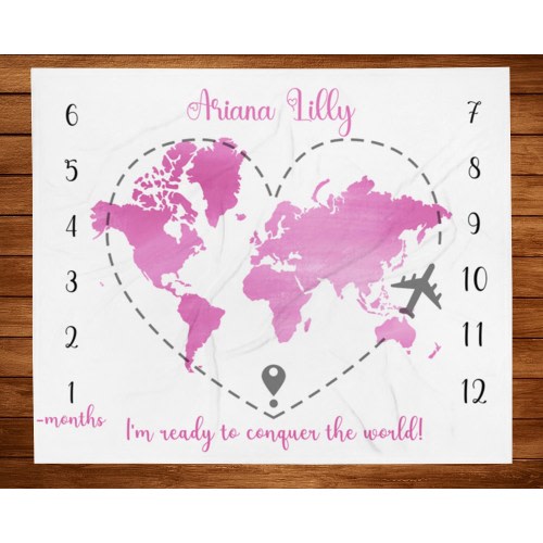 Baby Name Blanket, World Map Baby Month Blanket, Travel milestone month blanket, Adventure baby name monthly blanket, Baby age blanket WM56
