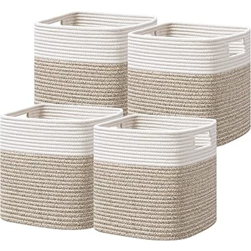 Dreamcountry 13x13 Cube Storage Bins, Storage Cubes with Handles, 4 Pack Cotton Rope Basket for Shelves, Cube Storage Organizer forToys, Book, Clothes, Home, Office, Nursery, White/Brown