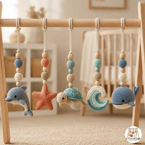 Ocean Crochet Baby Gym with Wooden Frame, Dolphin Starfish Turtle Whale and Wave Toys, Nautical Nursery Decor, Newborn Gift