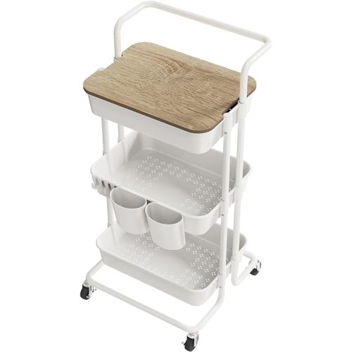 DTK 3 Tier Rolling Utility Cart with Cover Top Board, Movable Kitchen Storage Cart Trolley with Lockable Wheels, Cups, Hooks for Kitchen Bathroom Home Office Art Craft Storage and Organization(White)