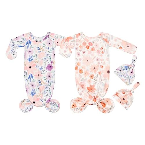 Vollmic Newborn Baby Knotted Gown Sleeper Gown with Mittens Long Sleeve Nightgown Baby Coming Home Outfit with Hat 2 Pieces