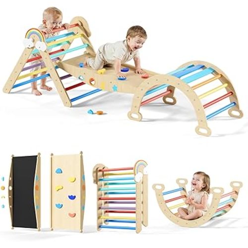 Pikler Triangle Set, 10in1 Toddler Climbing Toys Indoor, Montessori Kids' Indoor Climbers & Play Structures with Arch&Ramp&Ladder, Indoor Baby Climber for Montessori Toys