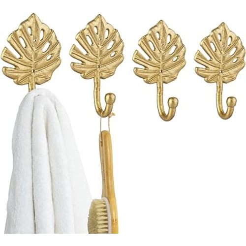 MyGift Vintage Gold Leaf Design Wall Hanging Hooks, Metal Monstera Leaves Wall Mounted Entryway Storage Coat Hooks, Set of 4 - Handcrafted in India